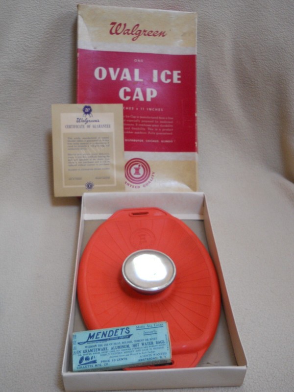 Vintage Walgreen Oval Ice Cap Bag / Mendets Rubber Mending Box