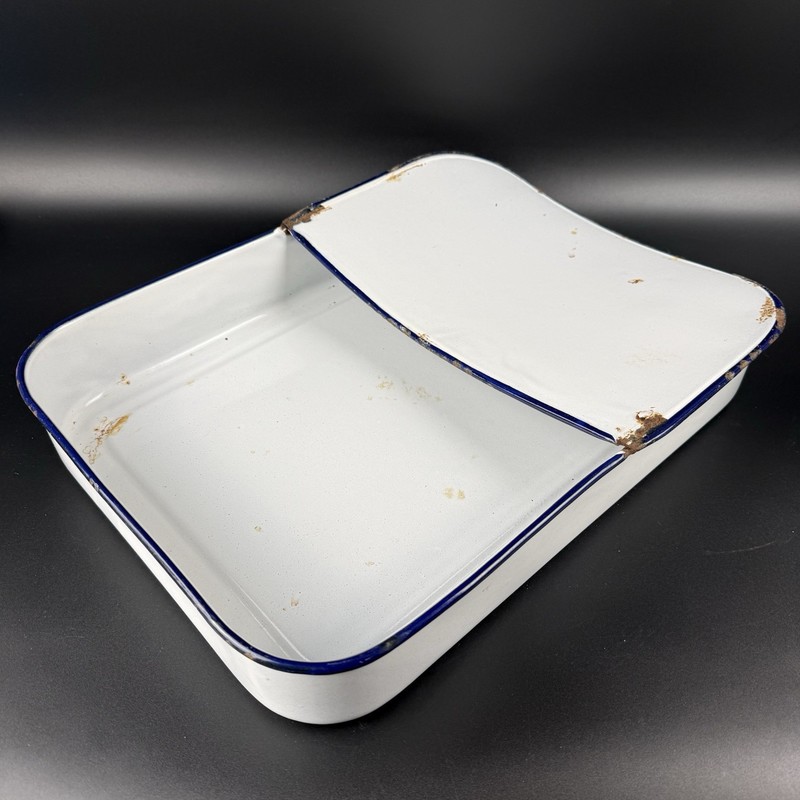 Vintage White Enamelware Medical Sterilization Tray Pan w/ Lid Blue Rim Rustic