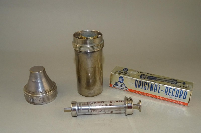Vintage Glass Syringe 5ml in Brass Container Sterilizer w/ Spare Syringe Record