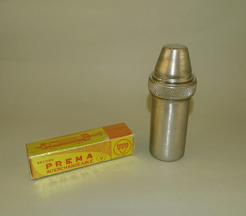 Vintage Glass & Metal Syringe 5ml in Brass Container Sterilizer w/ Spare Syringe