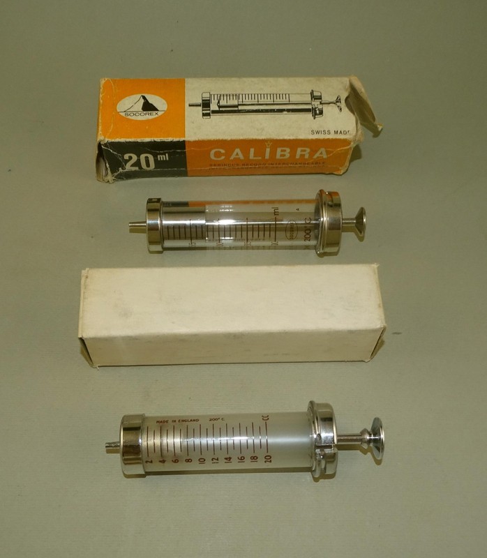 Set of 2 Vintage Old Swiss and British Glass Syringes 20ml