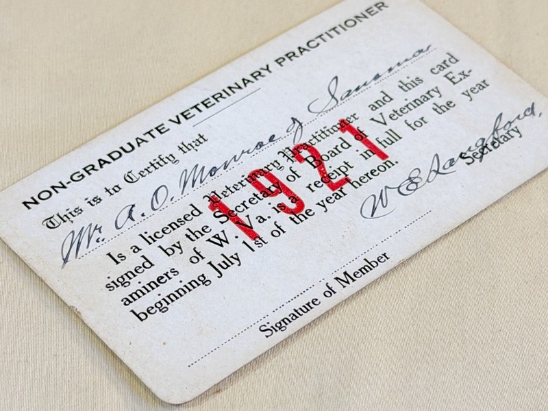 Rare 1921 West Virginia Non-Graduate Veterinary License Card Sonoma WV A.O. Monr gallery