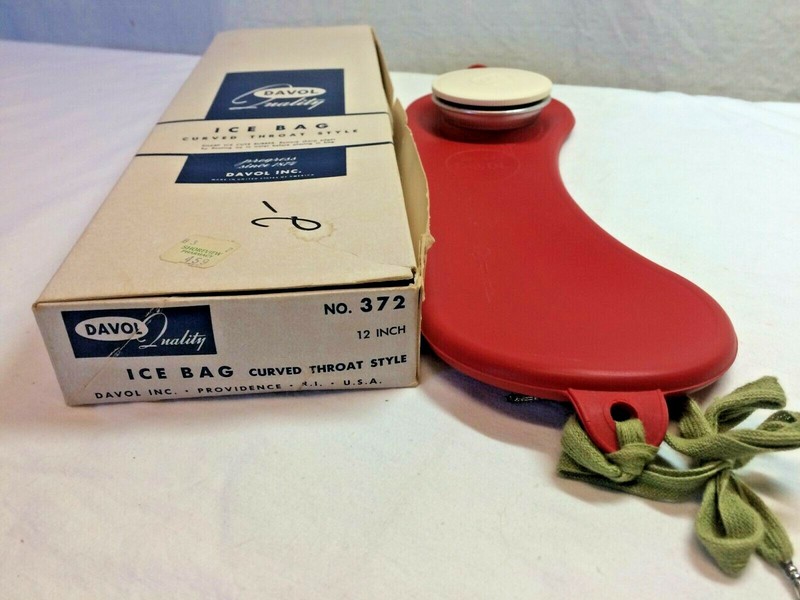 VINTAGE 1950-1960S DAVOL RUBBER CO RED CURVED THROAT ICE BAG IN BOX 372 gallery