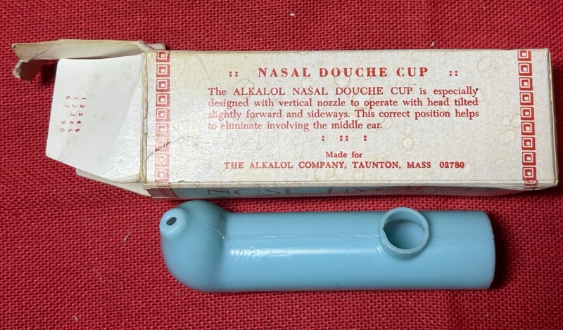 Vintage Alkalol Nasal Douche Cup with Box Blue Plastic Nose Hygiene Taunton MA
