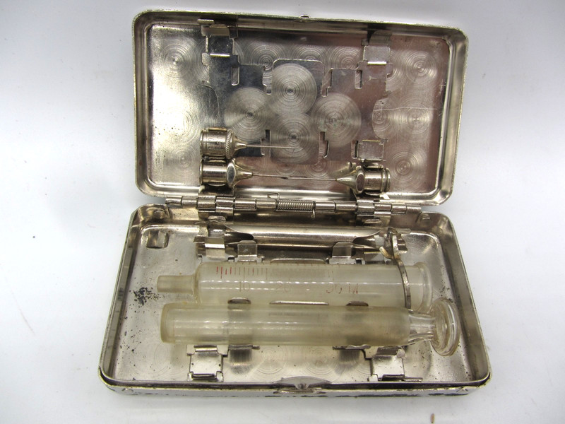 Antique Becton Dickinson & Co Glass Syringe Kit w/Nickel Silver Metal Case gallery