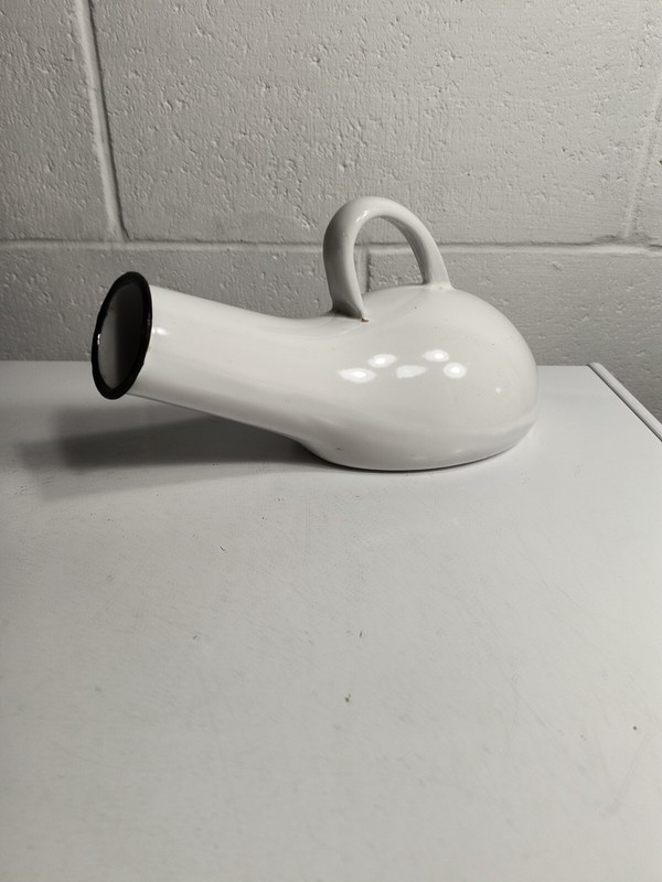 Vintage Enamelware Bedpan White Urinal Bed Pan Black Trim Patina Primitive
