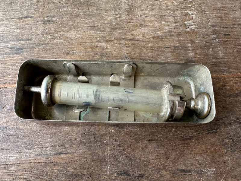 Vintage Old Collectible Rare Brass And Glass Unique Syringe With Box Italy Made gallery