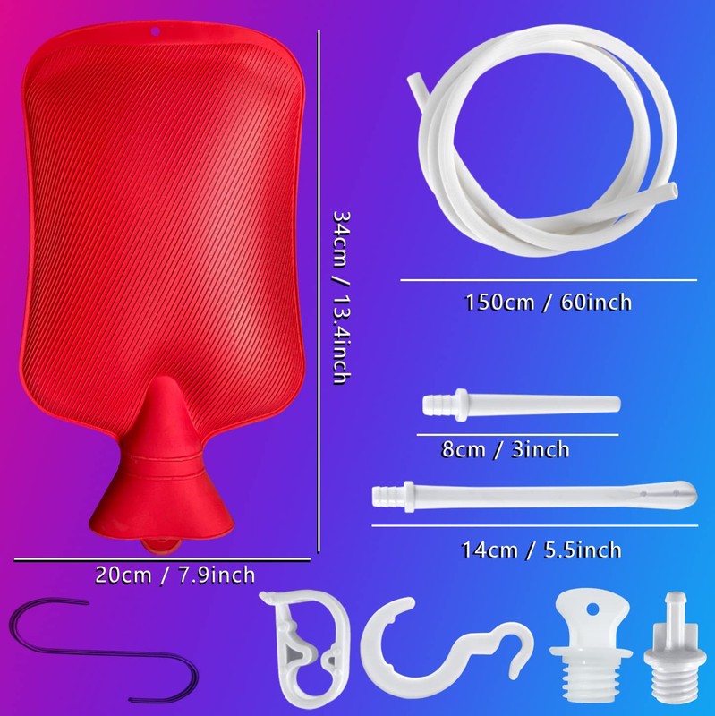 2L Home Enema Bag Kit with 2 Tips, 60 Inch Silicone Hose, Red, Red gallery