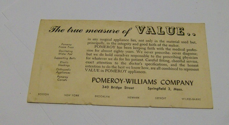 vintage 1940s POMEROY WILLIAMS ad card SPRINGFIELD MA medical surgical supplies