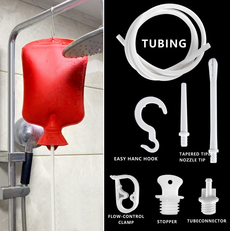 2 Quart Home Enema Bag Kit with Hose Tips and Water Flow Clamp - Red, Red gallery