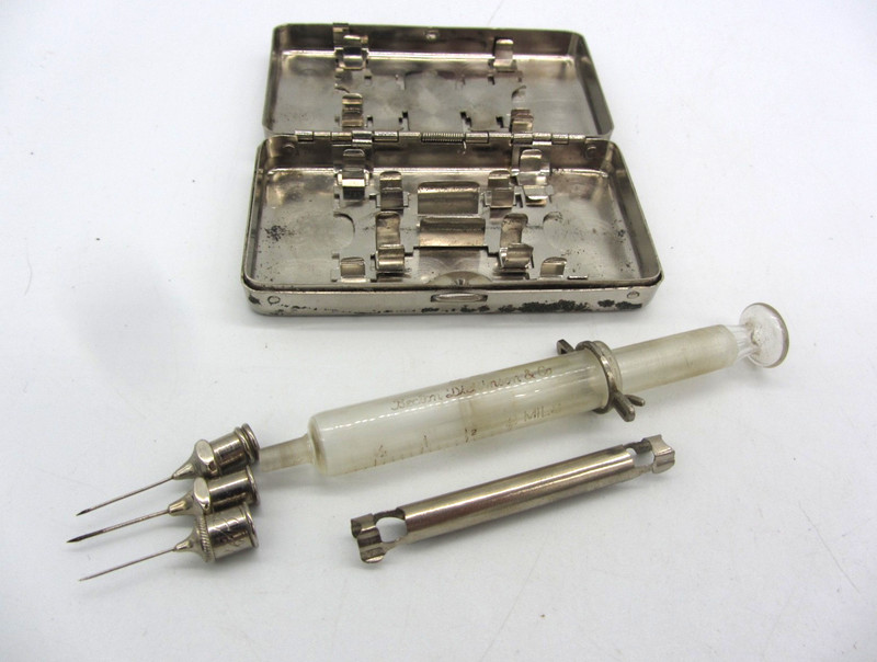 Antique Becton Dickinson & Co Glass Syringe Kit w/Nickel Silver Metal Case gallery