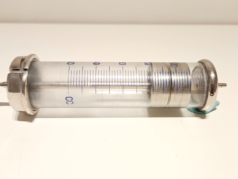 VINTAGE WW2 ERA RARE BIG 50 cc METAL AND GLASS GERMANY MEDICAL SYRINGE "INJECTA" gallery