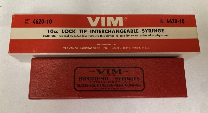 VIM Vintage glass syringes – in boxes; 10cc and 5 cc; Excellent condition