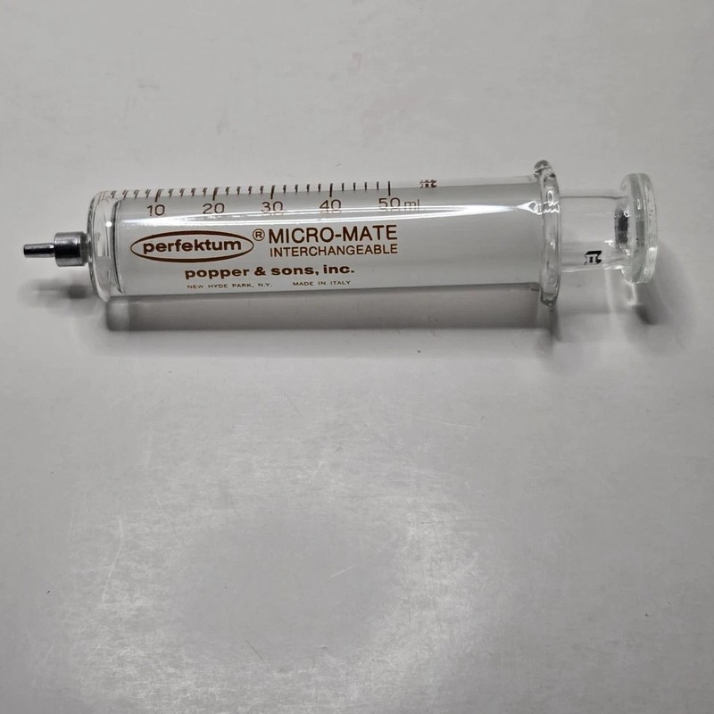 Vintage Glass Perfektum Micro-Mate Interchangeable 50cc Hypodermic Syringe + Box gallery