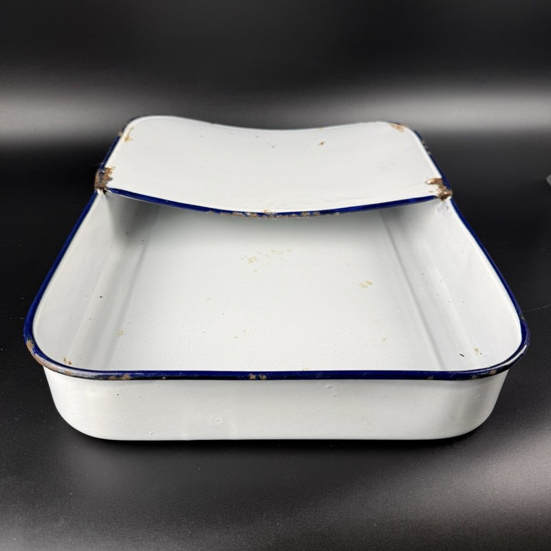 Vintage White Enamelware Medical Sterilization Tray Pan w/ Lid Blue Rim Rustic gallery