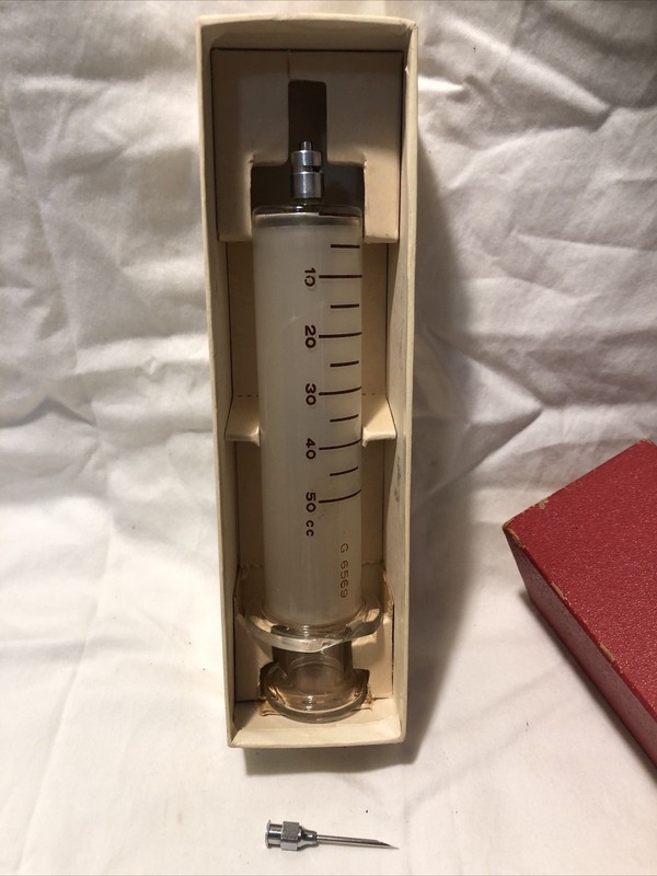 Vintage Propper Trophy Hypodermic Syringe 50cc Eccentric Glass Tip 1971 gallery