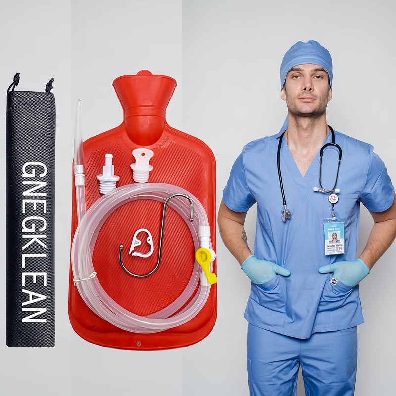 GNEGKLEAN Coffee Enema Bag Kit - 5.0ft Silicone Hose 2L 6 Piece Set, Red gallery