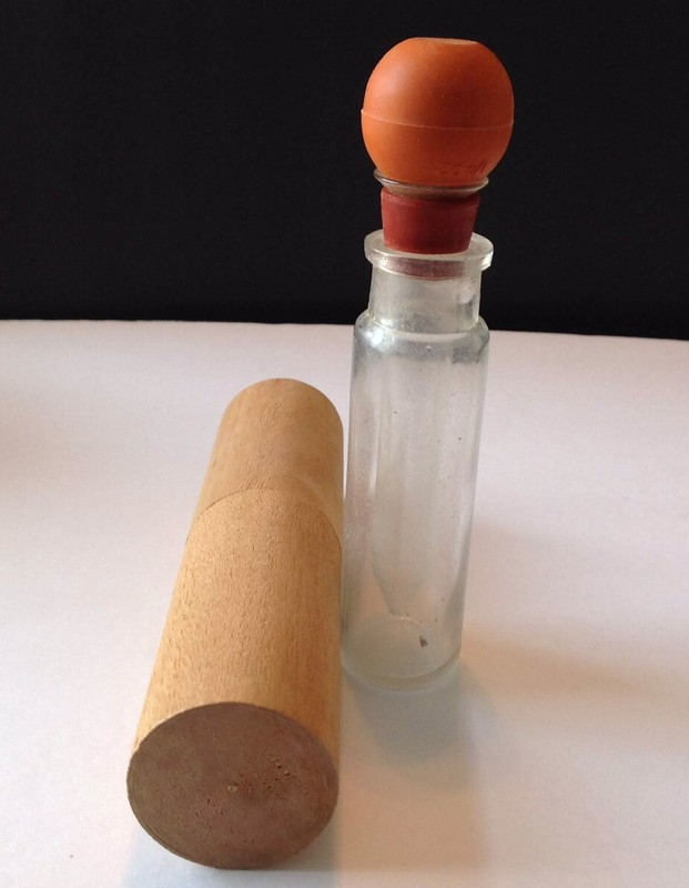 Vintage Rubber Bulb Glass Syringe In Wood Tube Container. Measurements Are Below