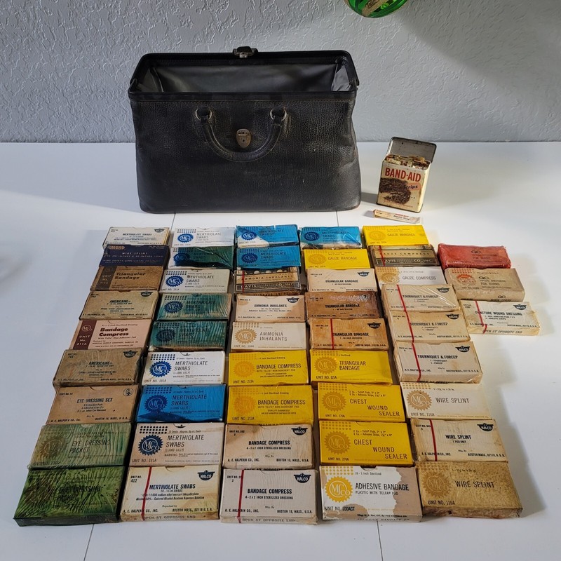 Vintage Schell Leather Doctors Bag Cowhide 14x9x7 PLUS First Aid Supplies Kit