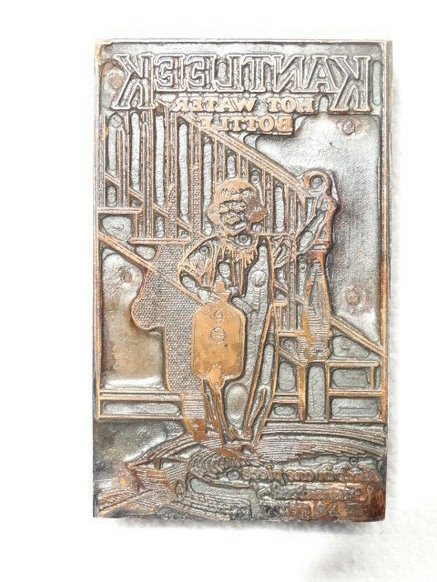RARE EARLY 1900s Kantleek HOT Water Bottle BRASS ADVERTISING PRINTING PLATE gallery