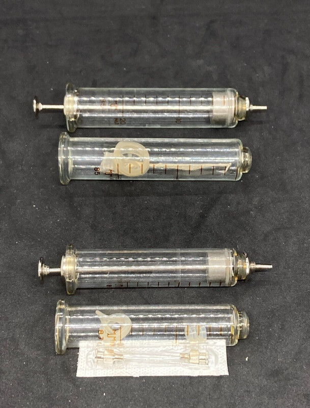 Antique medicine vintage glass reusable syringes brand new set + spare parts gallery