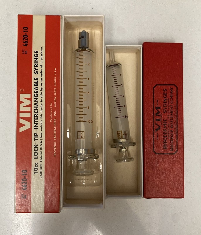 VIM Vintage glass syringes - in boxes; 10cc and 5 cc; Excellent condition gallery