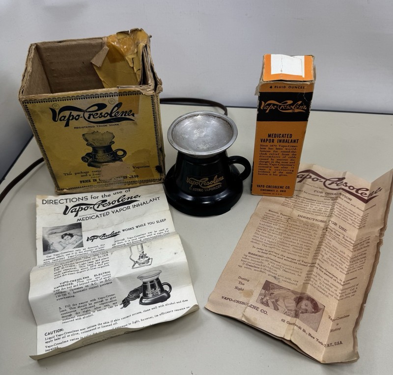 1930s VAPO CRESOLENE ELECTRIC VAPORIZER COMPLETE w/ORIGINAL PAN & BOX +