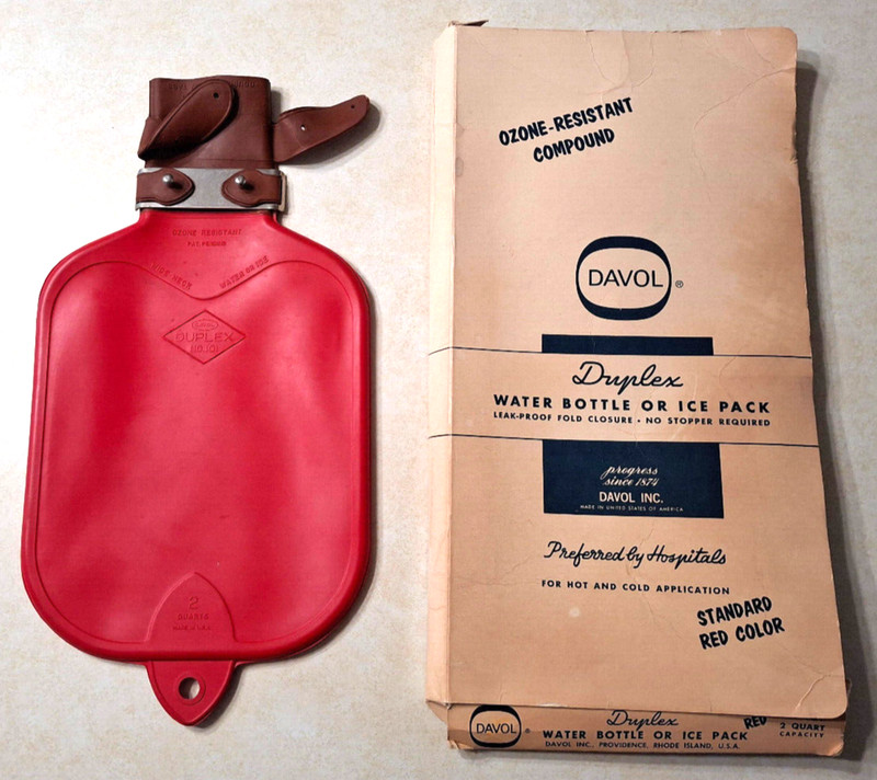 Vintage Davol Hot Water Bottle Red Rubber Original Box 2 Quart No 101 Duplex MCM