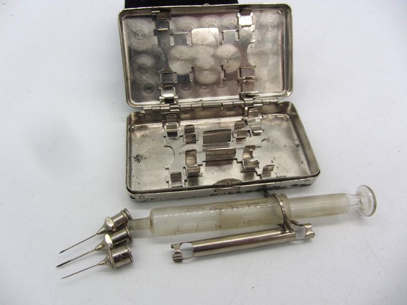 Antique Becton Dickinson & Co Glass Syringe Kit w/Nickel Silver Metal Case gallery