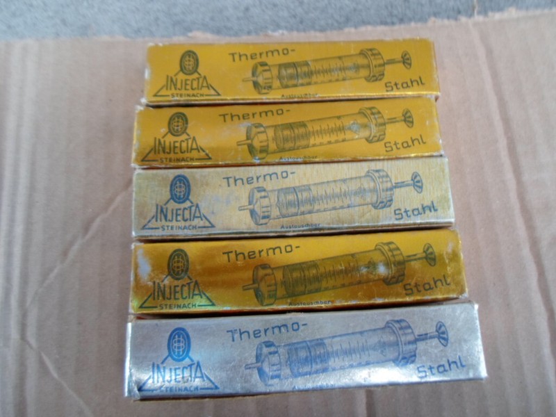 Vintage 1970’s LOT of 5 GermanThermo Glass Syringe Injecta Original Record 5ml