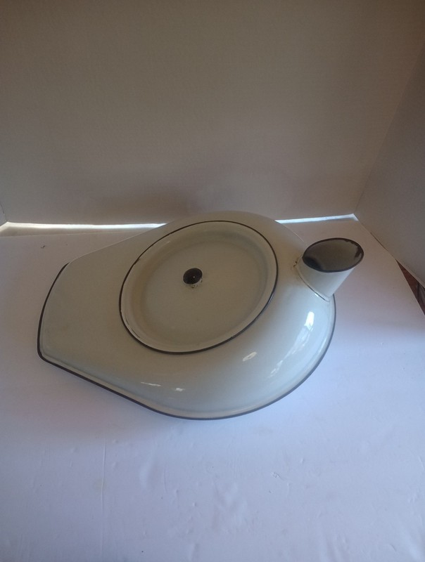 Vtg Enamelware White And Black Bedpan Urinal With Spout And Lid