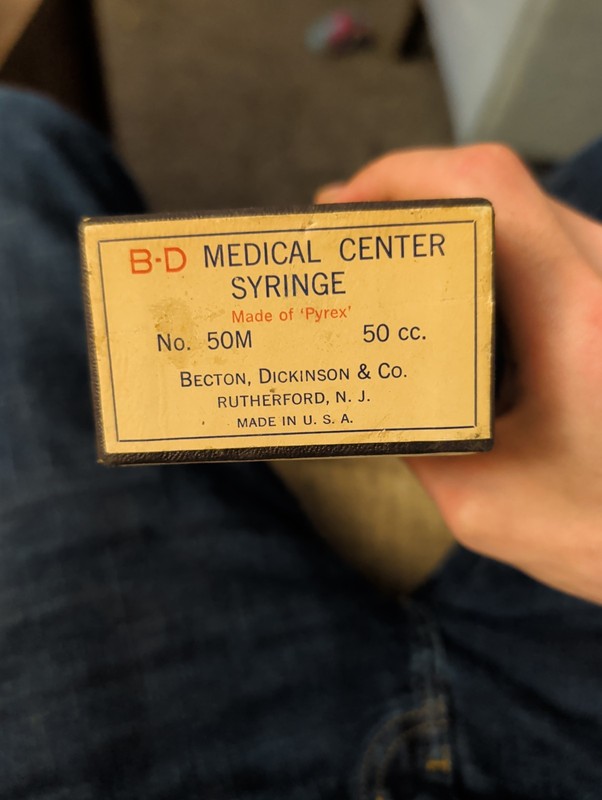 vintage 50cc glass medical syringe made by Becton, Dickinson & Co. (B-D).