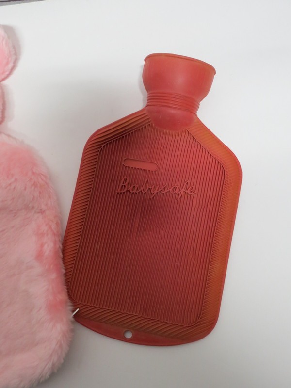 Vintage Babysafe Hot Water Bottle Red Rubber w/ Pink Bunny Fleece Cover gallery