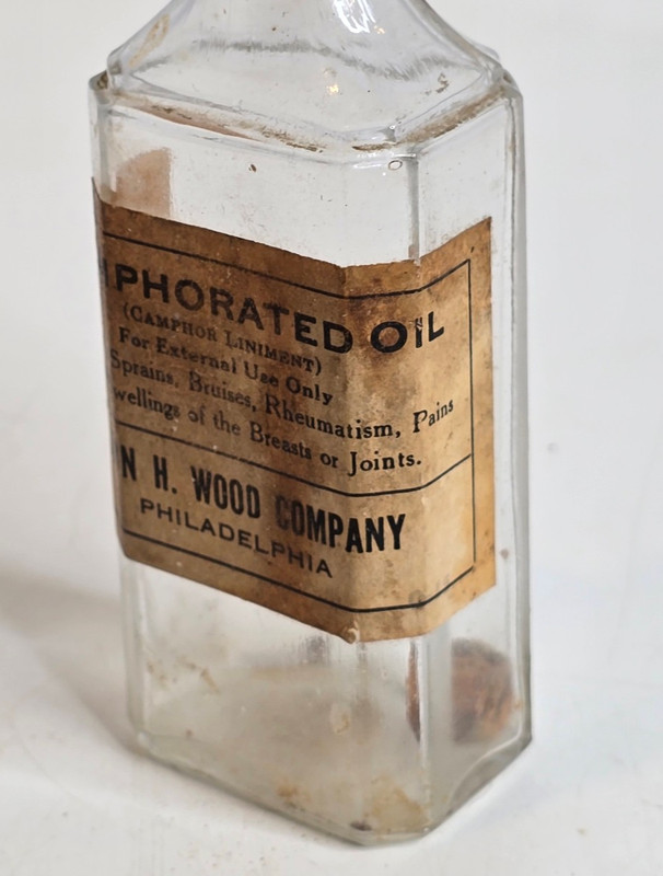 Vintage Camphorated Oil Camphor Liniment by John H Wood Apothecary Bottle Empty gallery