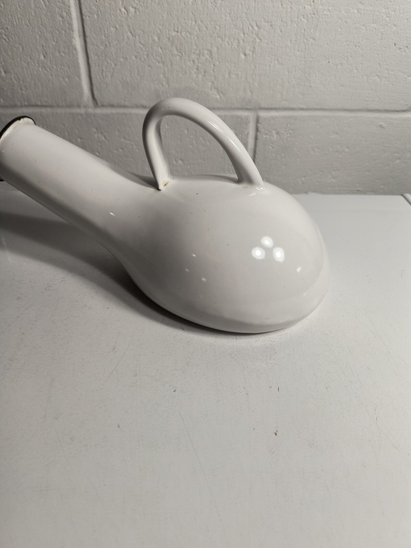Vintage Enamelware Bedpan White Urinal Bed Pan Black Trim Patina Primitive gallery