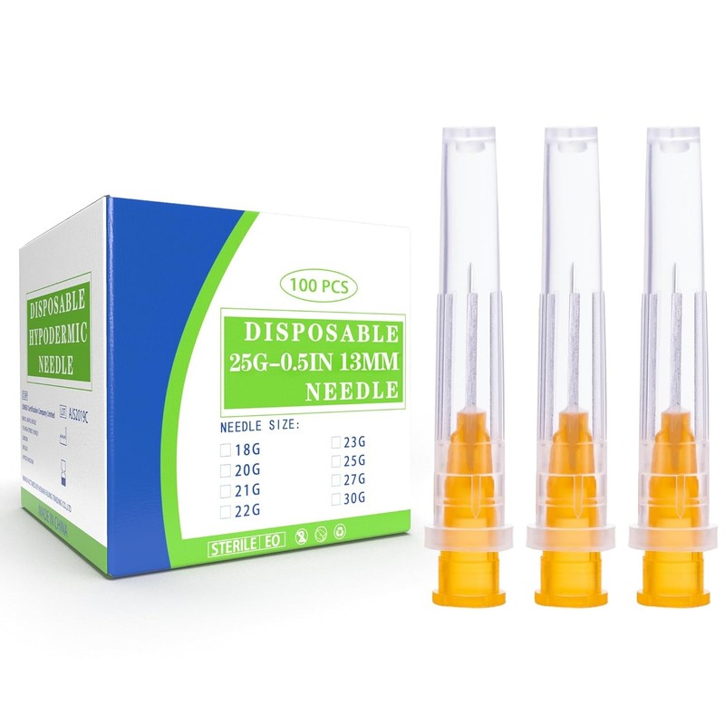 100 Pack 25 Gauge 1/2 Inch Needle 13mm with Cap, 25 Ga Disposable Needles for In