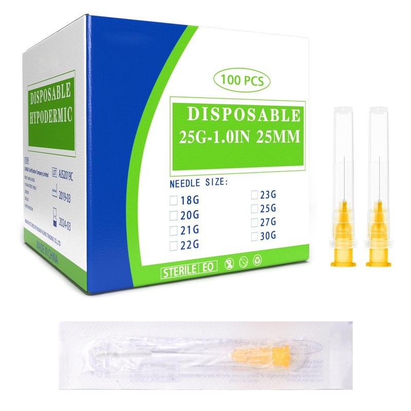 100 Pack 25 Ga 25mm 1IN Disposable Dispensing Needles for 25G 1 inch