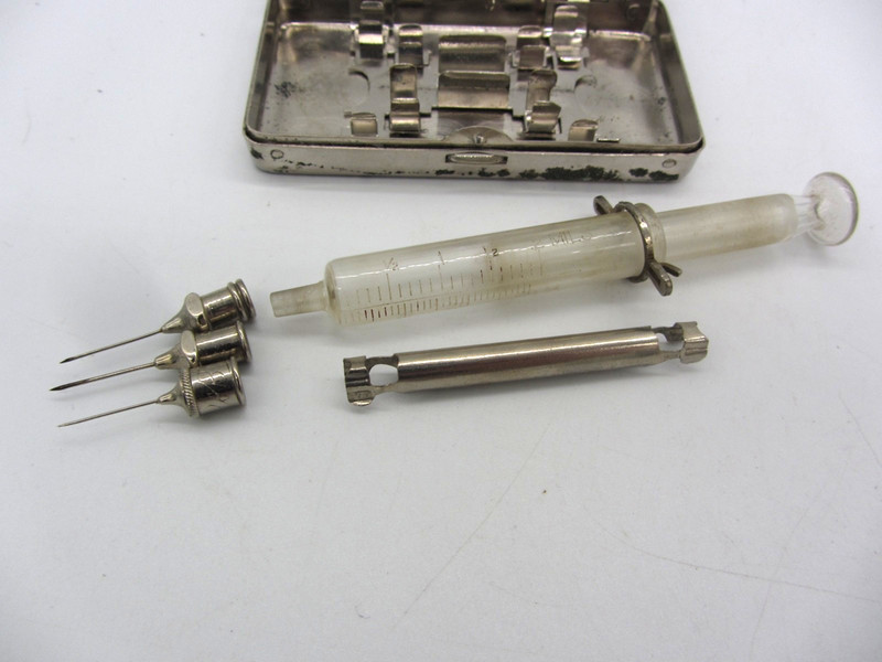 Antique Becton Dickinson & Co Glass Syringe Kit w/Nickel Silver Metal Case gallery