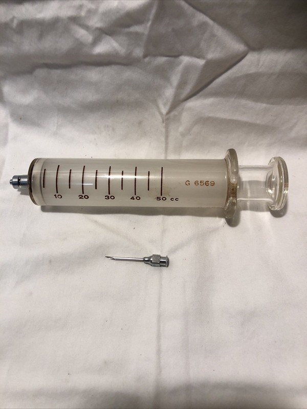 Vintage Propper Trophy Hypodermic Syringe 50cc Eccentric Glass Tip 1971 gallery