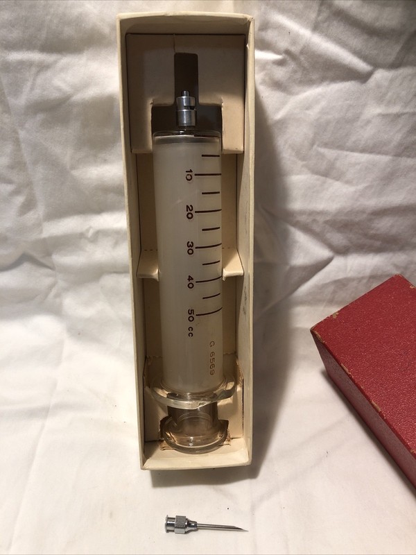 Vintage Propper Trophy Hypodermic Syringe 50cc Eccentric Glass Tip 1971 gallery