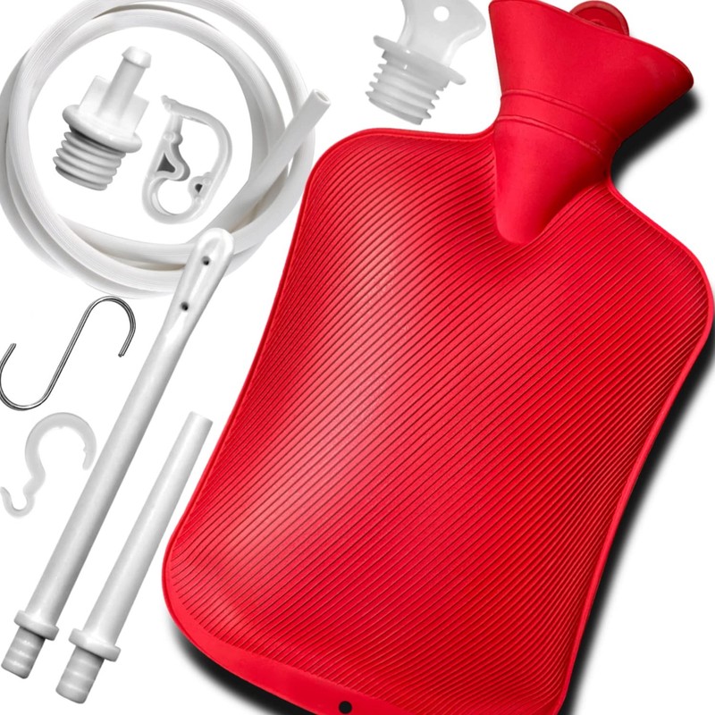 2L Home Enema Bag Kit with 2 Tips, 60 Inch Silicone Hose, Red, Red