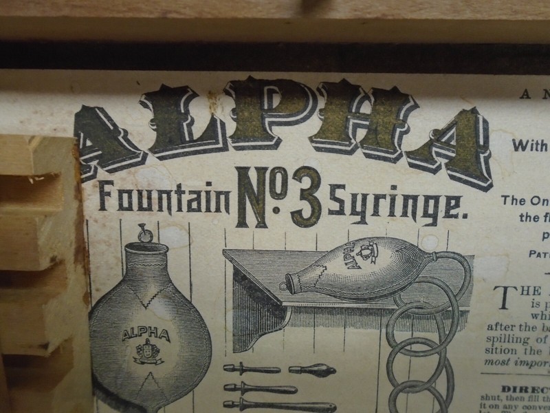 Antique "ALPHA" FOUNTAIN SYRINGE - No.3 - Wood Box w/Inside Rack - BEAUTIFUL! gallery