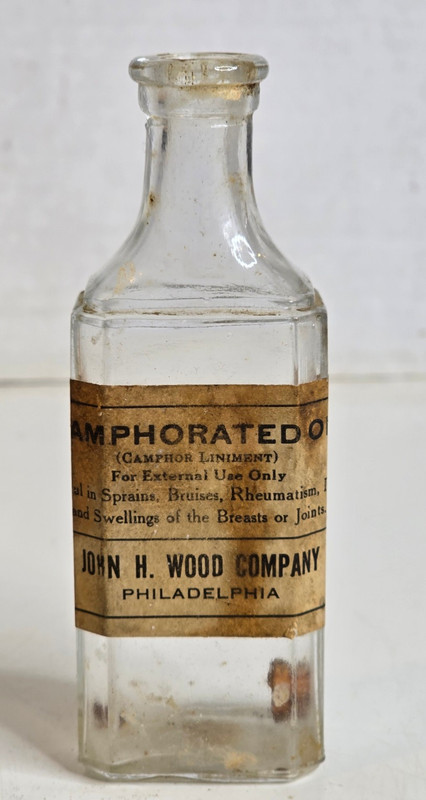 Vintage Camphorated Oil Camphor Liniment by John H Wood Apothecary Bottle Empty