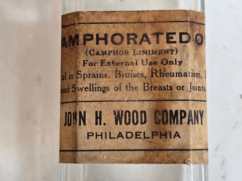 Vintage Camphorated Oil Camphor Liniment by John H Wood Apothecary Bottle Empty gallery