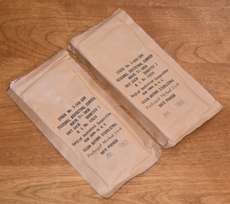 TWO Vintage 1953 Surgical Scissors Curved MAYO 5 1/2″ 3-640-500 Sealed New!