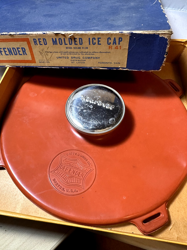 Vintage Defender Red Molded Ice Cap bag – orig box -Rexall United Drug Co