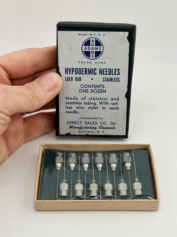Vintage Adams Hypodermic Needles Luer Hub Stainless Box of 12 Medical USA