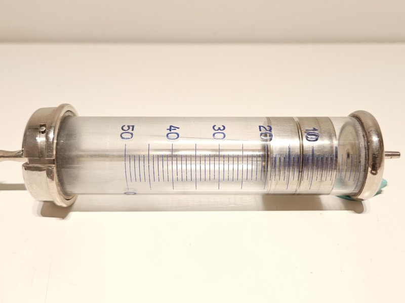 VINTAGE WW2 ERA RARE BIG 50 cc METAL AND GLASS GERMANY MEDICAL SYRINGE "INJECTA" gallery