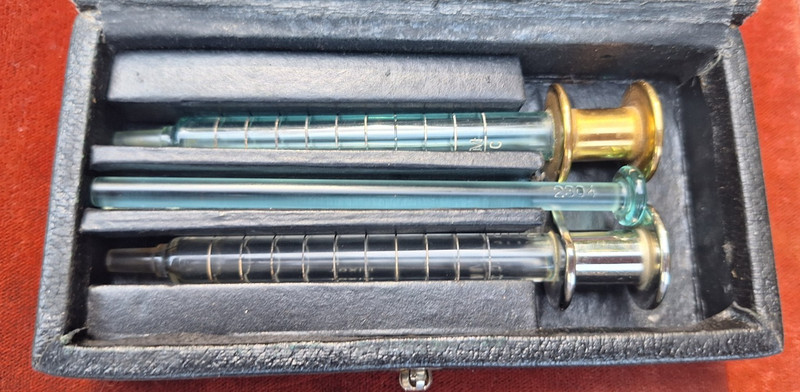 Antique Colored Glass & Brass Syringe Set MacGregor Instrument Co. Original Box