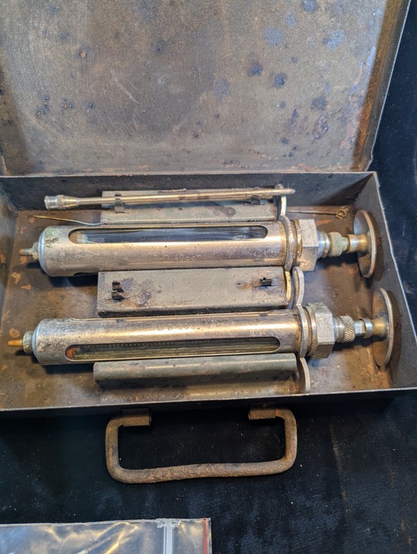 Vintage LOT Veterinary Syringes And Needles With Accessories Orignal Metal Box